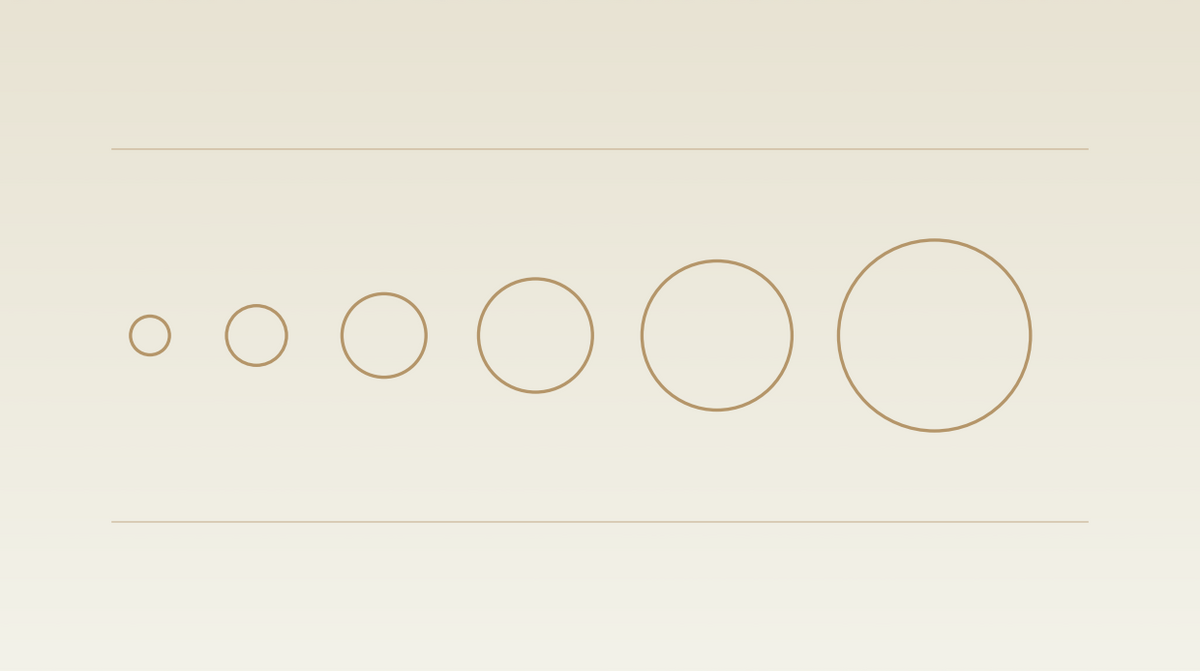 Abstract illustration: a row of outlined circles increasing in size from left to right on an ivory background.