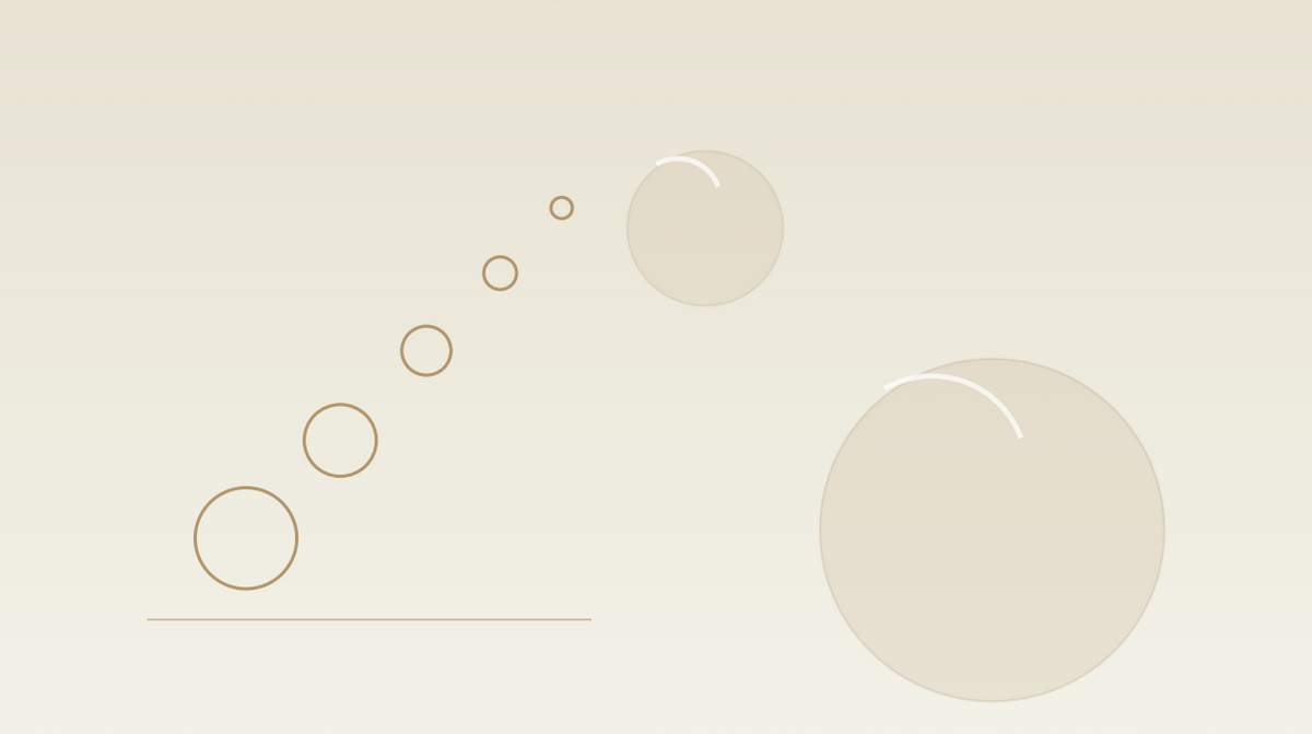 Abstract illustration: outlined circles ascending in a diagonal sequence towards two larger filled circles, on an ivory background.