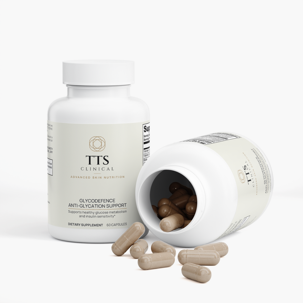 Two GlycoDefence bottles, one tipped open with capsules spilling out