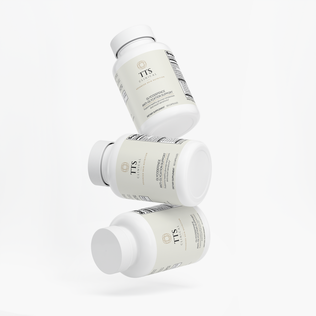 Three GlycoDefence bottles at an angle