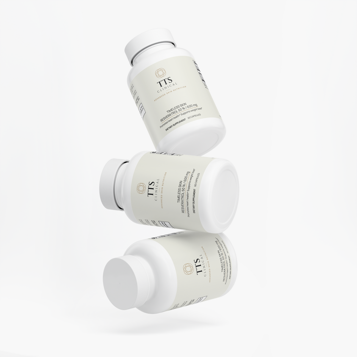 Three Timeless Skin Resveratrol bottles at an angle
