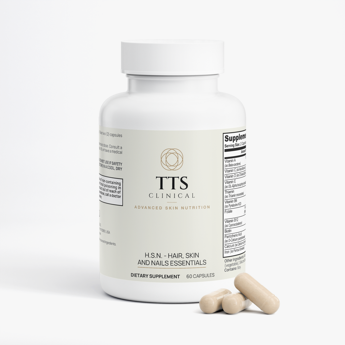 H.S.N. Hair, Skin and Nails bottle with three capsules beside it