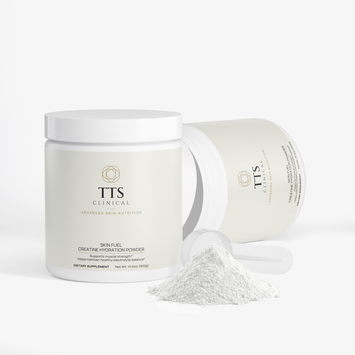 Two Skin Fuel tubs, one open, with a scoop and a mound of white powder