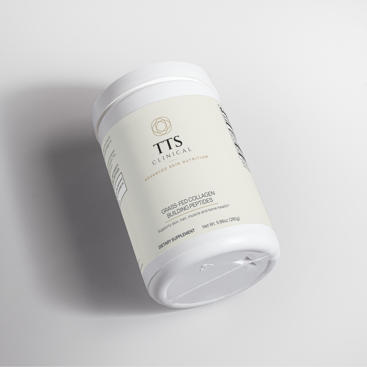 Two tubs of Grass-Fed Collagen Building Peptides, one open, with a scoop and a mound of powder