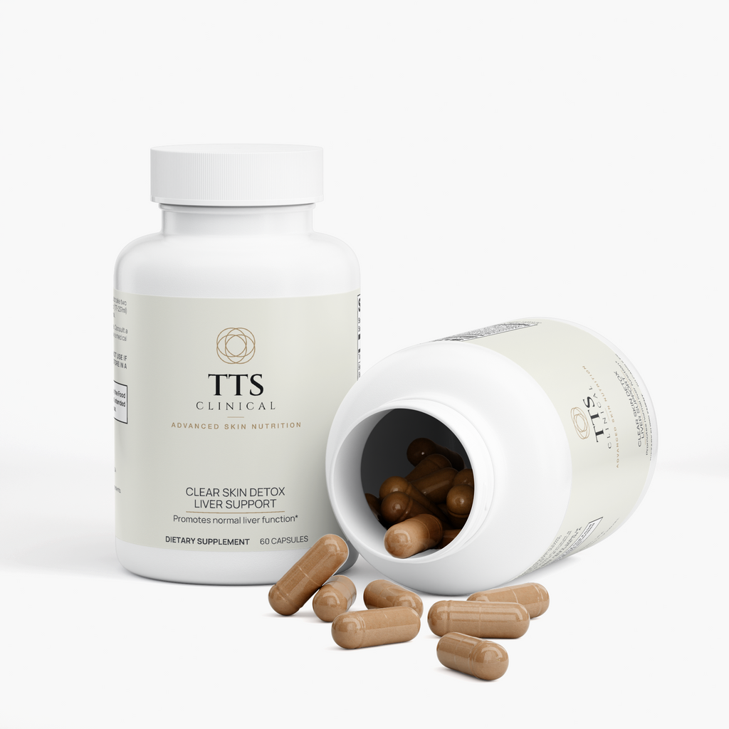Two Clear Skin Detox bottles, one tipped open with capsules spilling out
