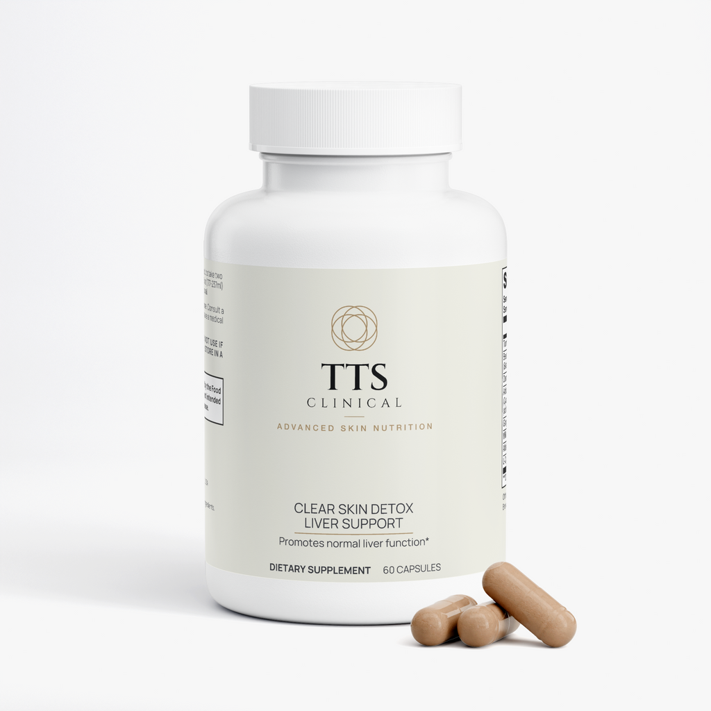 Clear Skin Detox bottle with three brown capsules beside it