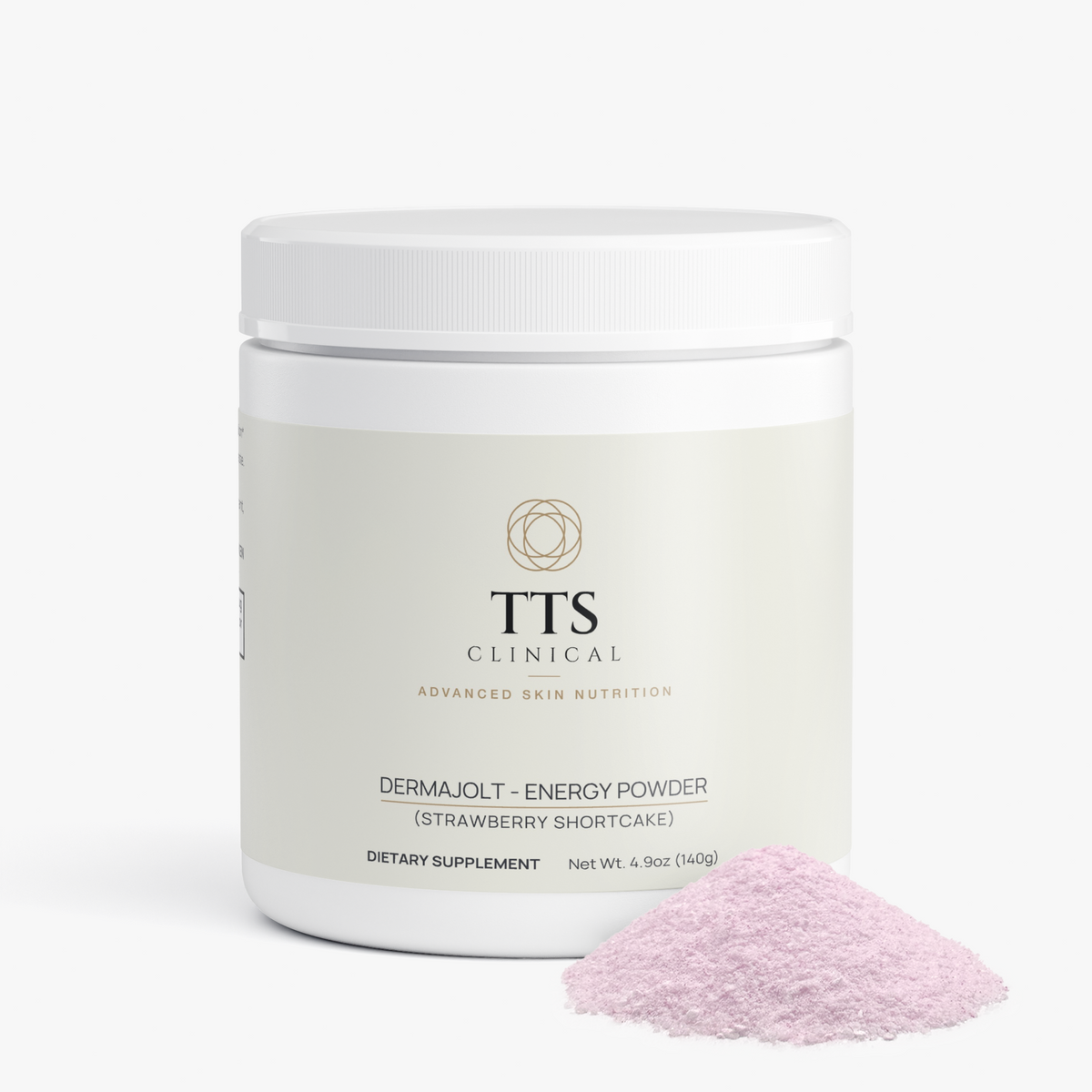 DERMAJOLT Strawberry Shortcake tub with a mound of powder beside it