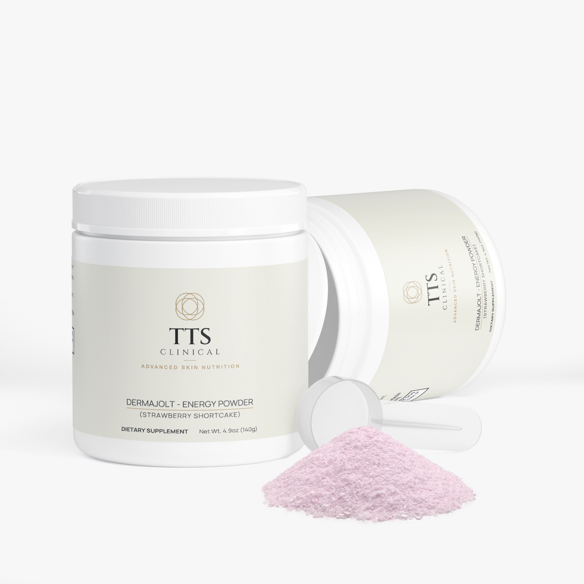 Two DERMAJOLT Strawberry Shortcake tubs, one open, with a scoop and a mound of powder