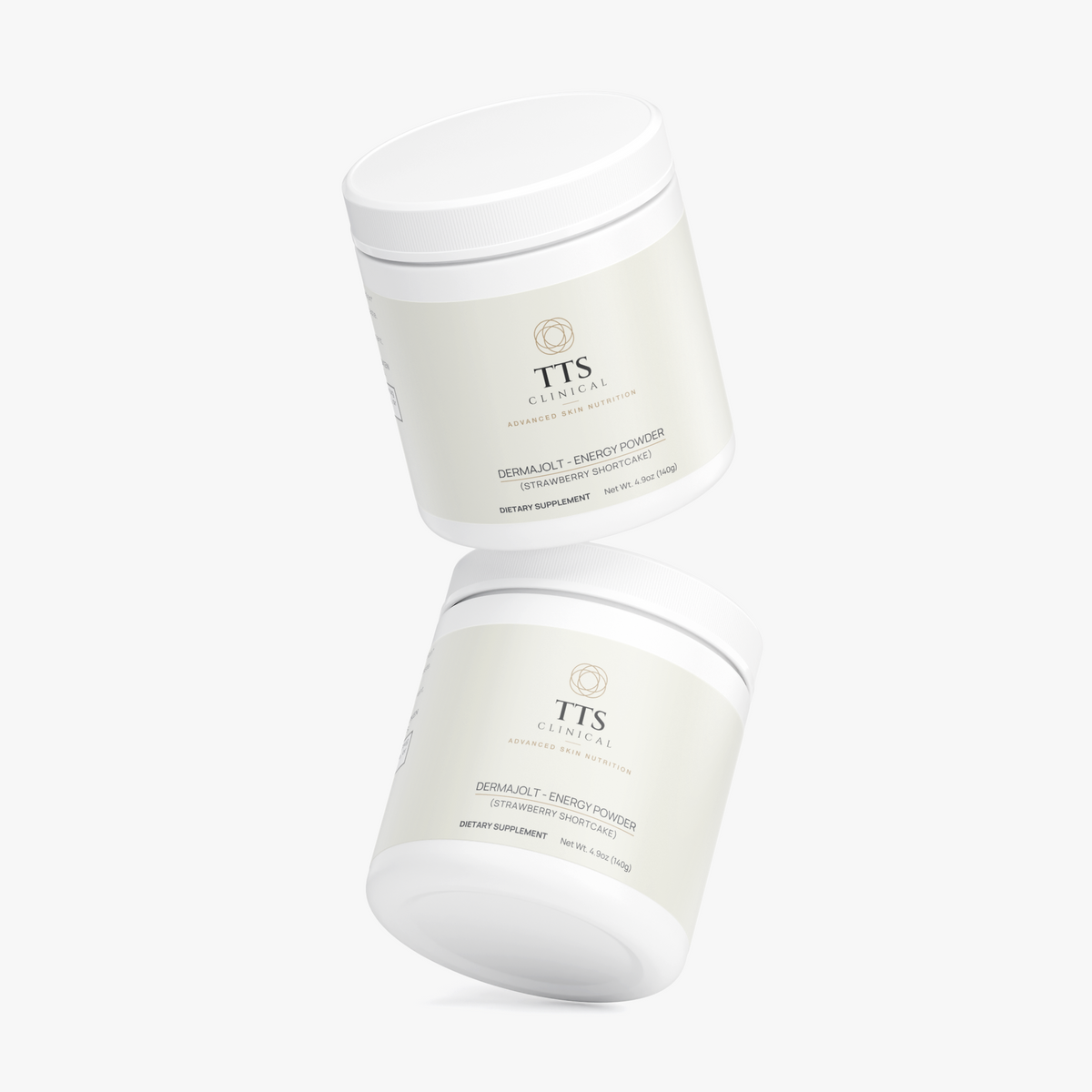 Two DERMAJOLT Energy Powder Strawberry Shortcake tubs at an angle