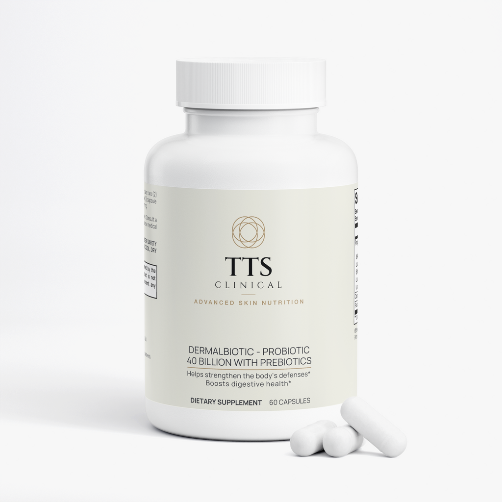 Dermalbiotic bottle with three capsules beside it