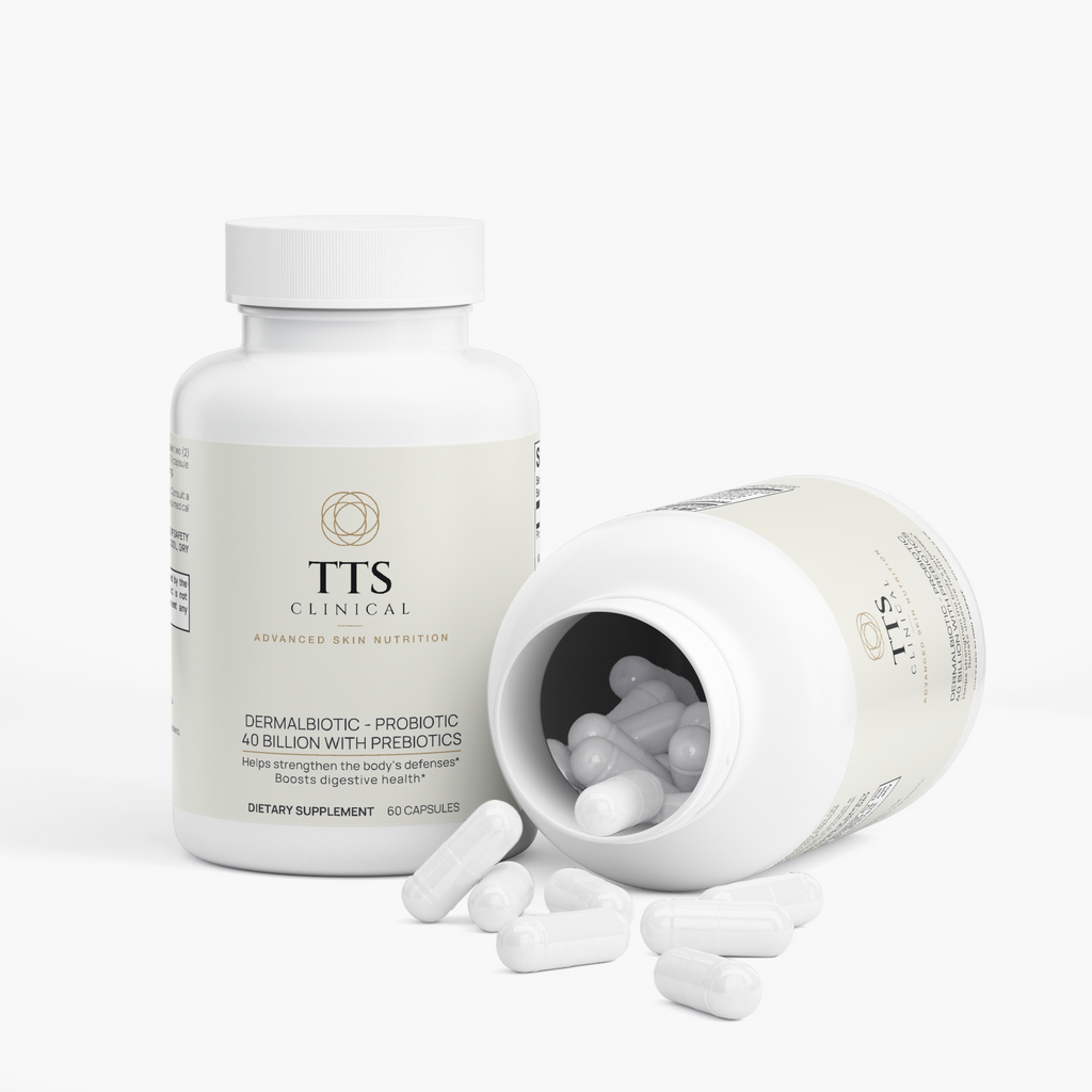 Two Dermalbiotic bottles, one tipped open with capsules spilling out