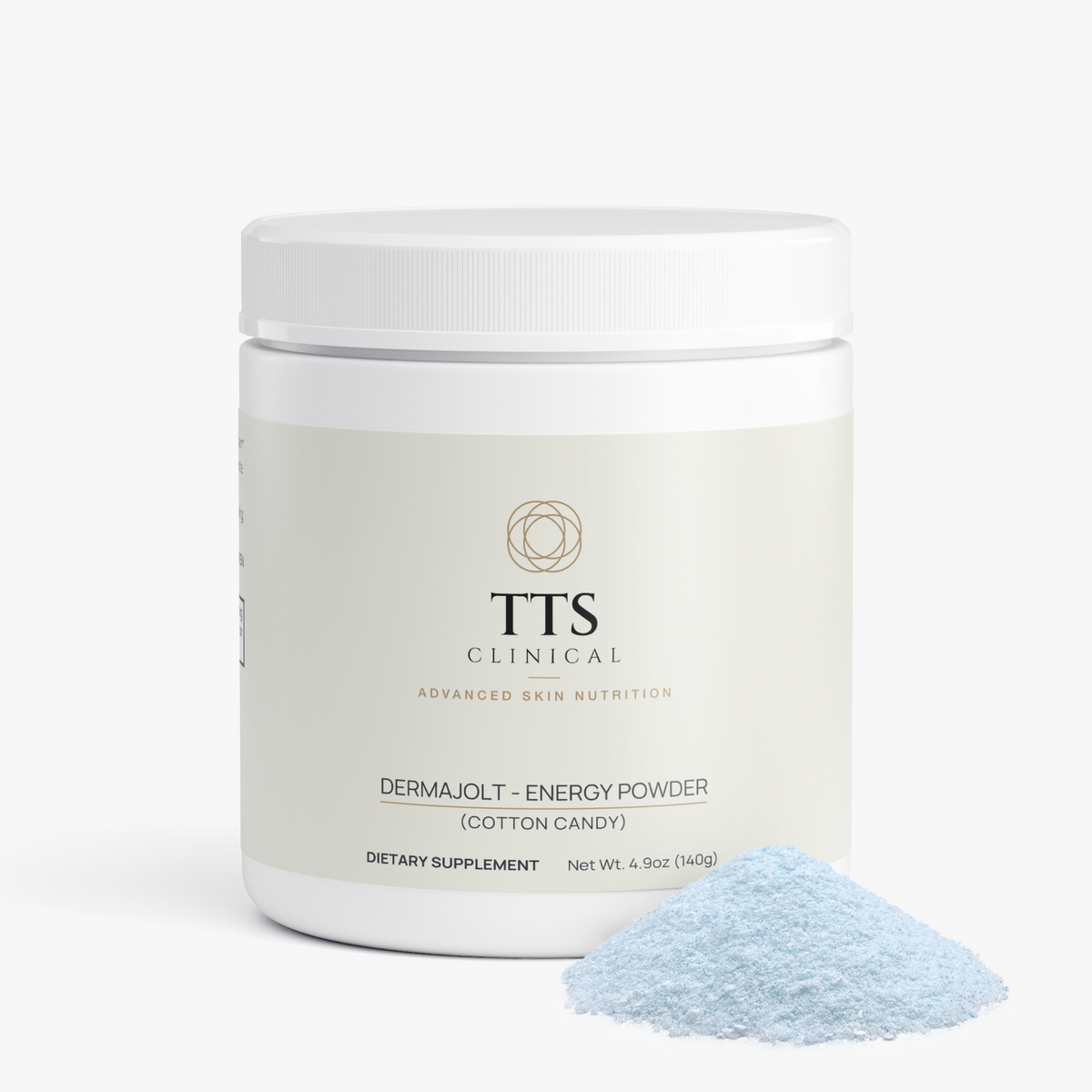DERMAJOLT Cotton Candy tub with a mound of pale blue powder beside it