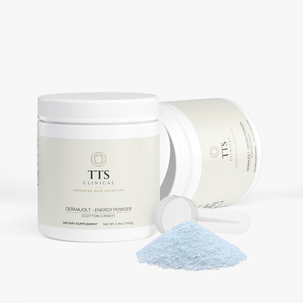 Two DERMAJOLT Cotton Candy tubs, one open, with a scoop and a mound of pale blue powder