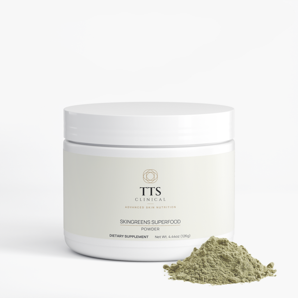 SkinGreens Superfood tub with a mound of greens powder beside it