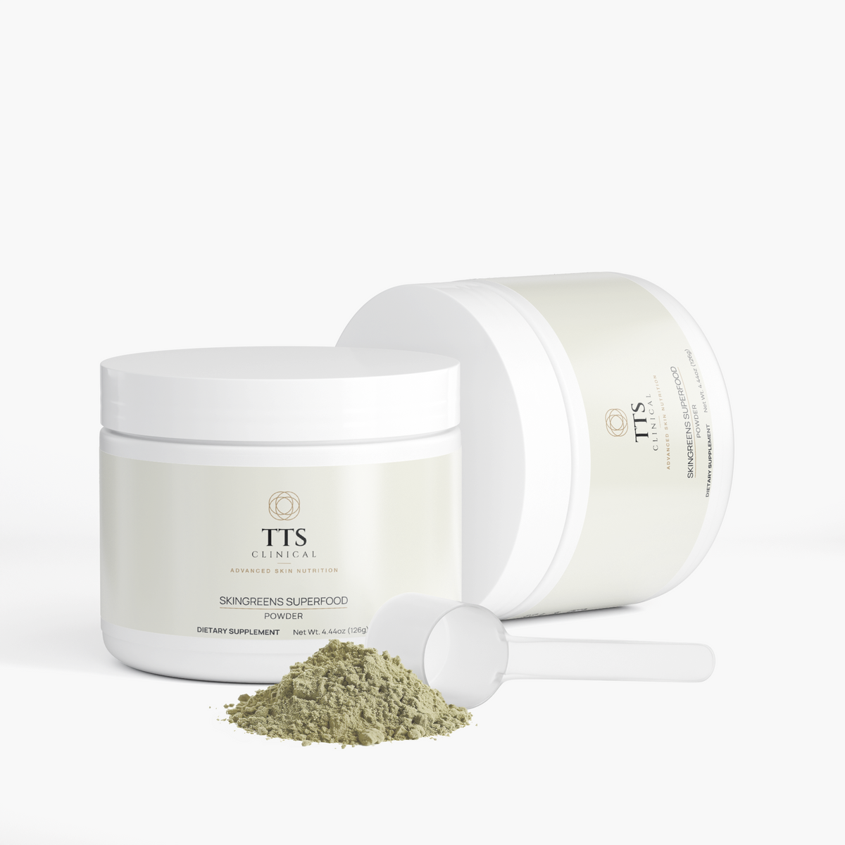Two SkinGreens Superfood tubs, one open, with a scoop and a mound of powder