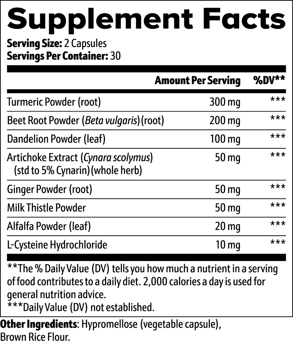 Clear Skin Detox Liver Support Supplement Facts panel