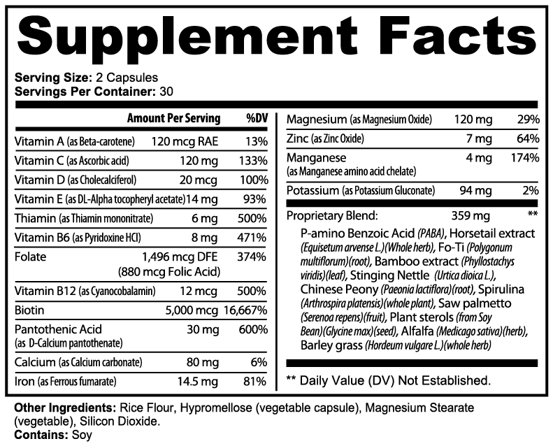H.S.N. Hair, Skin and Nails Essentials Supplement Facts panel