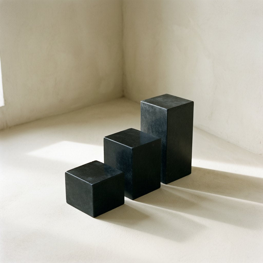 Three black stone blocks of increasing height, aligned on ivory plaster