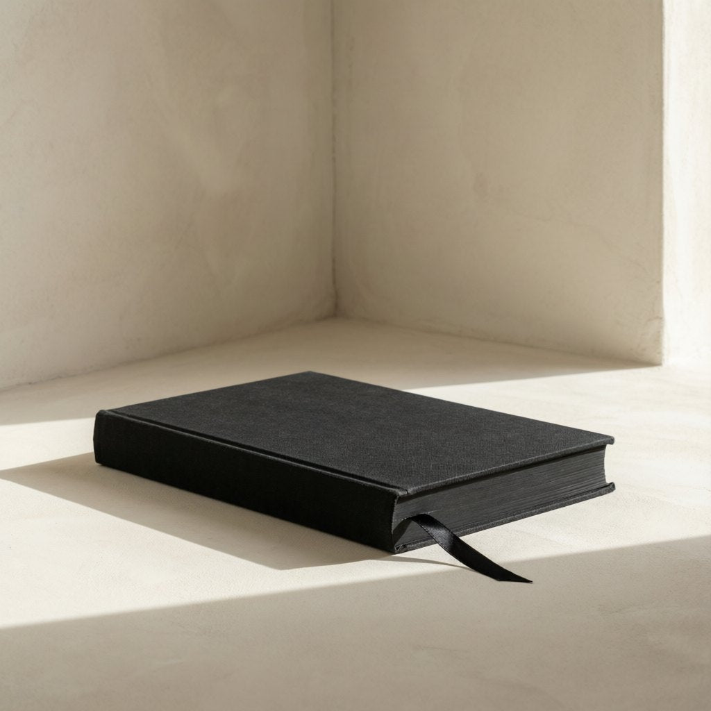 Closed black cloth-bound book with a ribbon bookmark, on ivory plaster