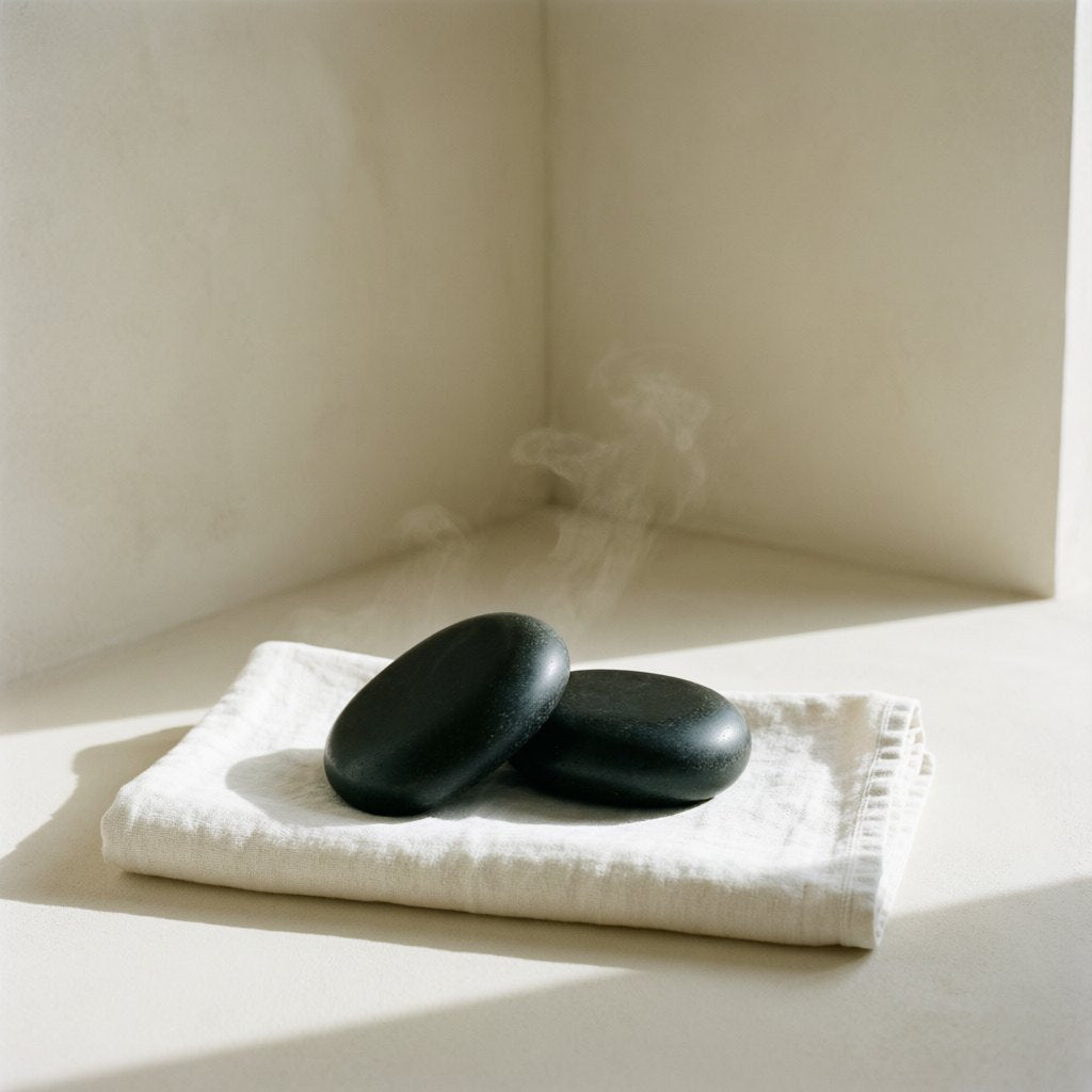 Two black basalt stones on a folded white linen towel, on ivory plaster