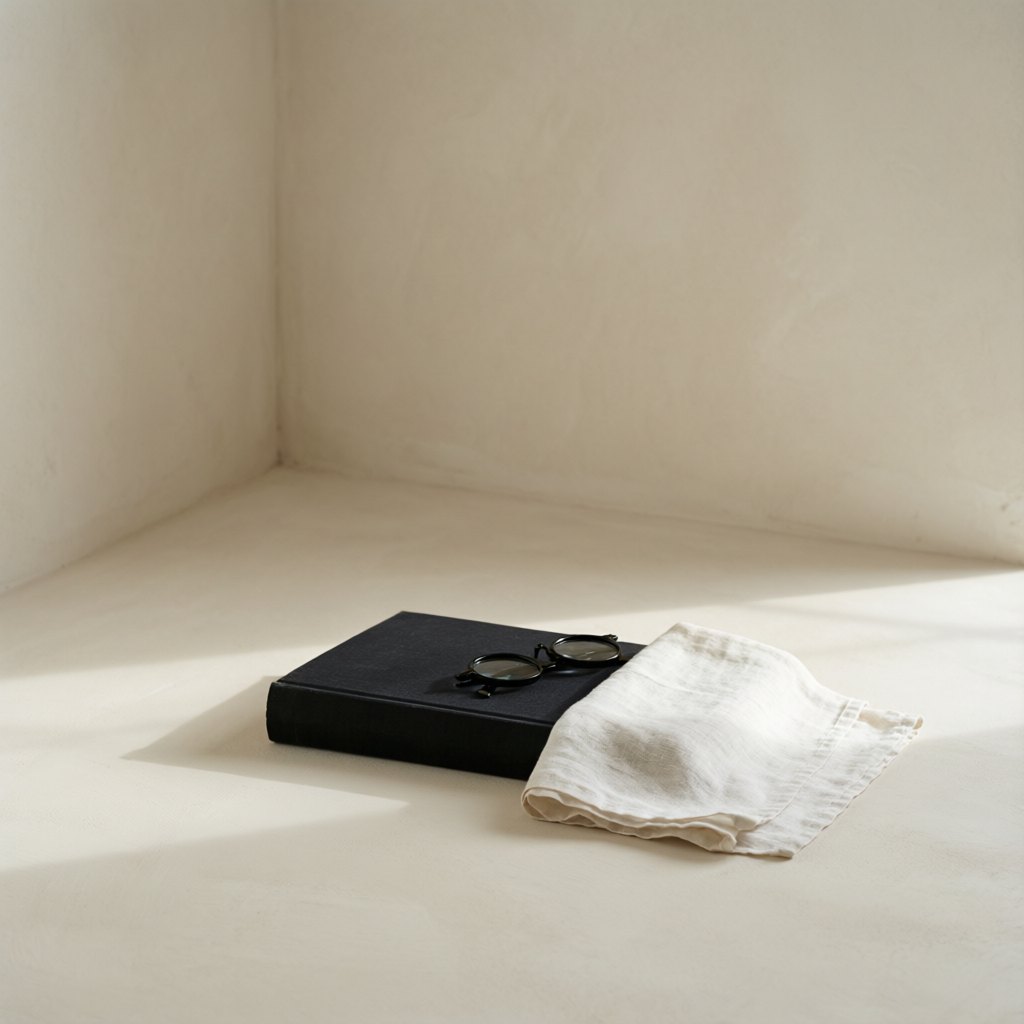 Black cloth-bound book with a reading magnifier and a linen cloth, on ivory plaster