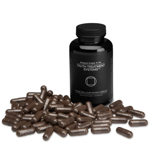 Fulvic Cellular Repair Complex bottle with capsules beside it